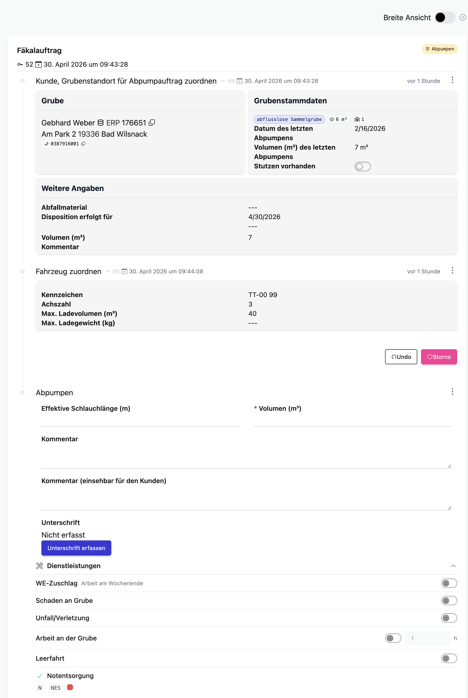 Auftragserfassung mit eingeschalteter Dienstleistung „Notentsorgung" und schreibgeschützten Badges (`N`, `NES`, rote Farbmarkierung)