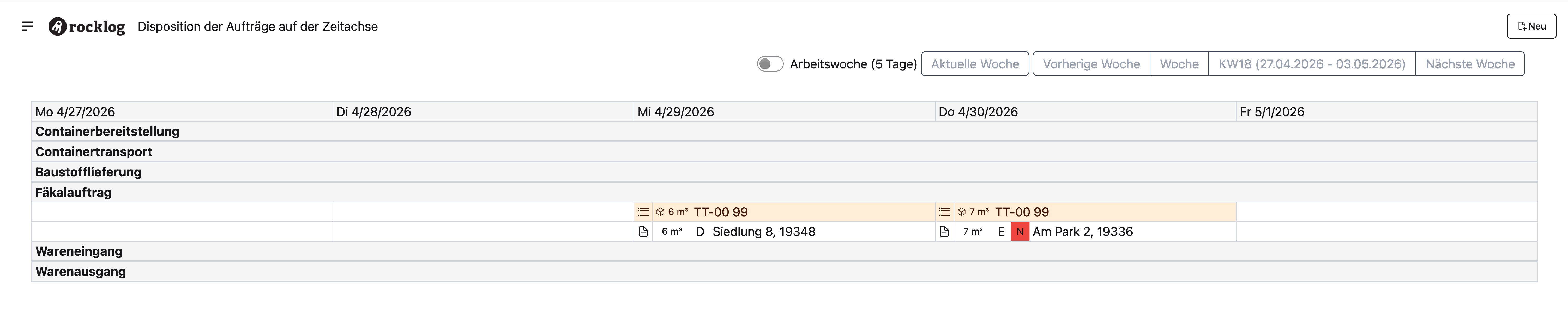 Disposition auf Zeitstrahl mit rotem Badge „N" für eine Notentsorgung am 30.04.