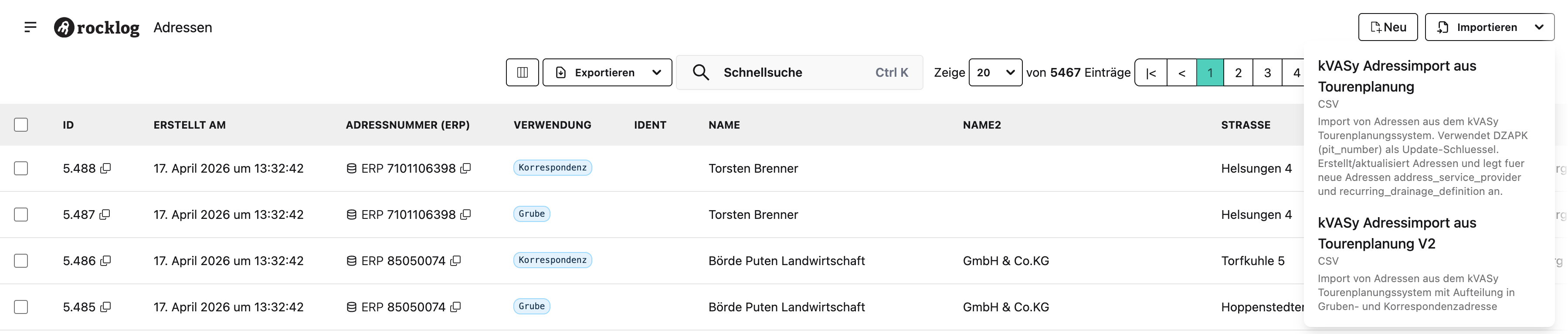 Adressliste mit Import-Dropdown und neuer „Verwendung"-Spalte