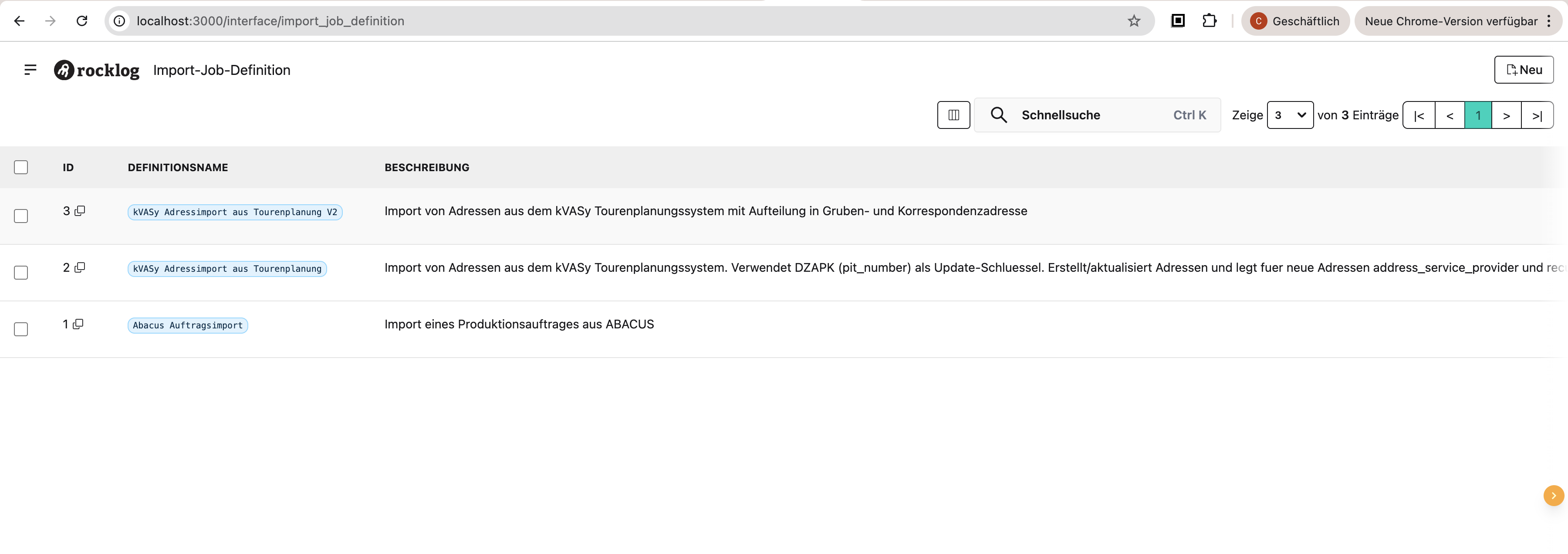 Import-Job-Definition Liste mit V1- und V2-Eintrag