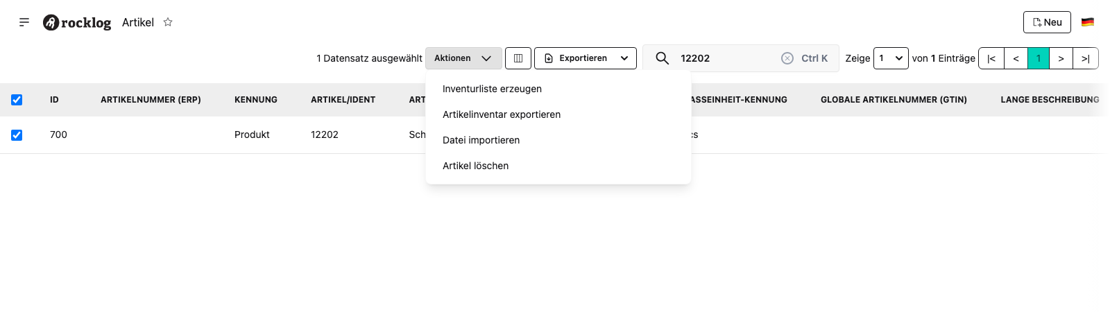 Inventurliste aus einem Artikel erzeugen