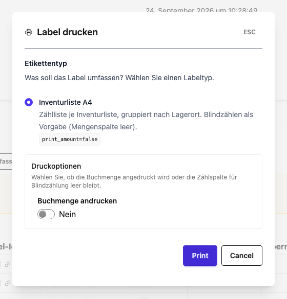 Druckdialog mit der Option „Buchmenge andrucken“