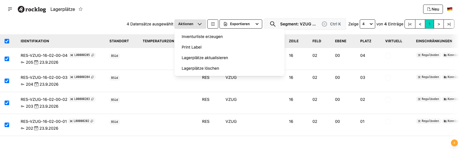 Lagerplätze auswählen und „Inventurliste erzeugen“ wählen