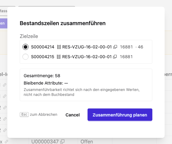 Dialog „Bestandszeilen zusammenführen“: Zielzeile, Gesamtmenge, bleibende Attribute