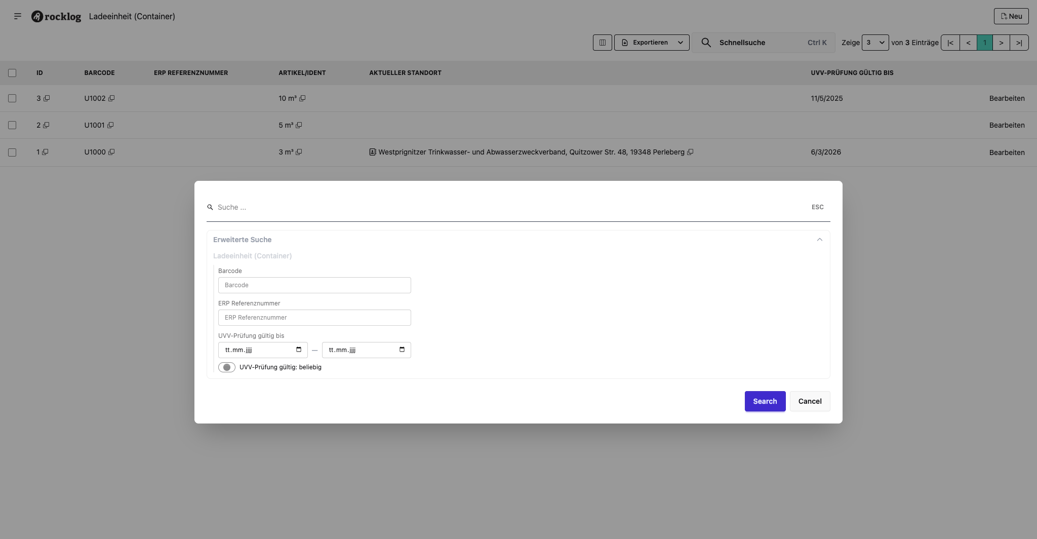 Erweiterte Suche im Modal mit Eingabefeldern für Barcode, ERP Referenznummer, UVV-Prüfung-Datumsbereich und dem trivalenten Schalter „UVV-Prüfung gültig"