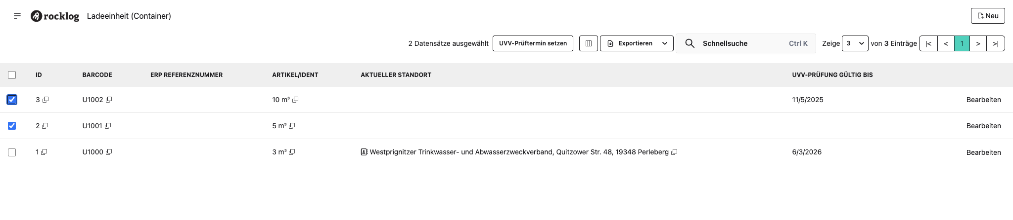 Stammdatenliste der Ladeeinheiten mit den Spalten ID, BARCODE, ERP REFERENZNUMMER, ARTIKEL/IDENT, AKTUELLER STANDORT und UVV-PRÜFUNG GÜLTIG BIS