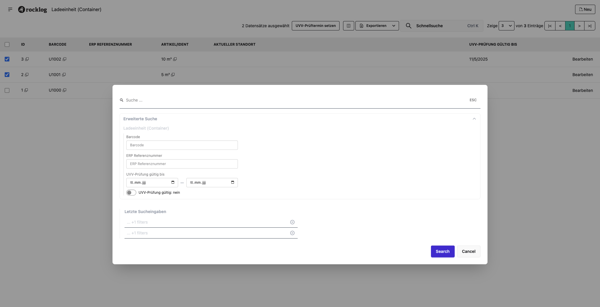 Stammdatenliste mit zwei selektierten Ladeeinheiten und Toolbar-Schaltfläche „UVV-Prüftermin setzen"